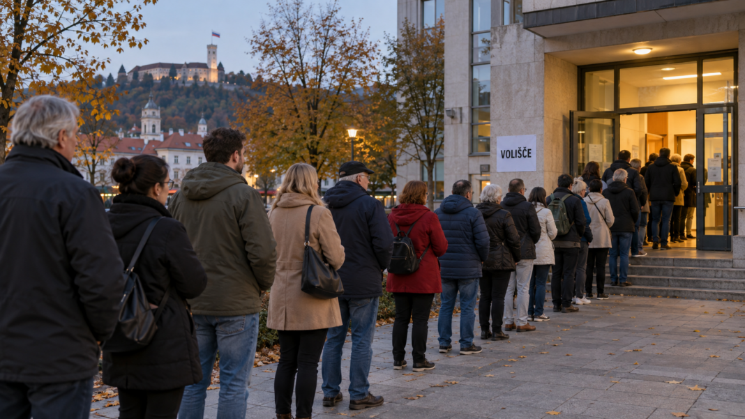 Evening queue at Slovenian polling station volišče OMNIA, čakanje