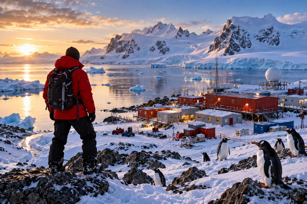 Red Parka Overlooking the Polar Research Station delovna mesta na Antarktiki, chat gpt