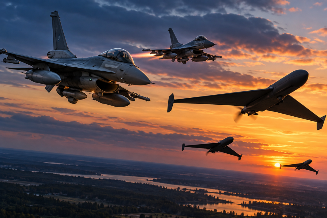 Sunset Sky_ Fighter Jets Intercept Drones droni in letala - nevarnost vojne, chat gpt